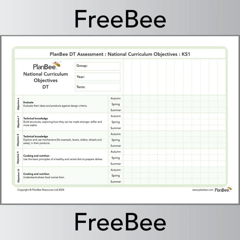 Design and Technology Assessment Grid: KS1 National Curriculum Objectives - Image 2