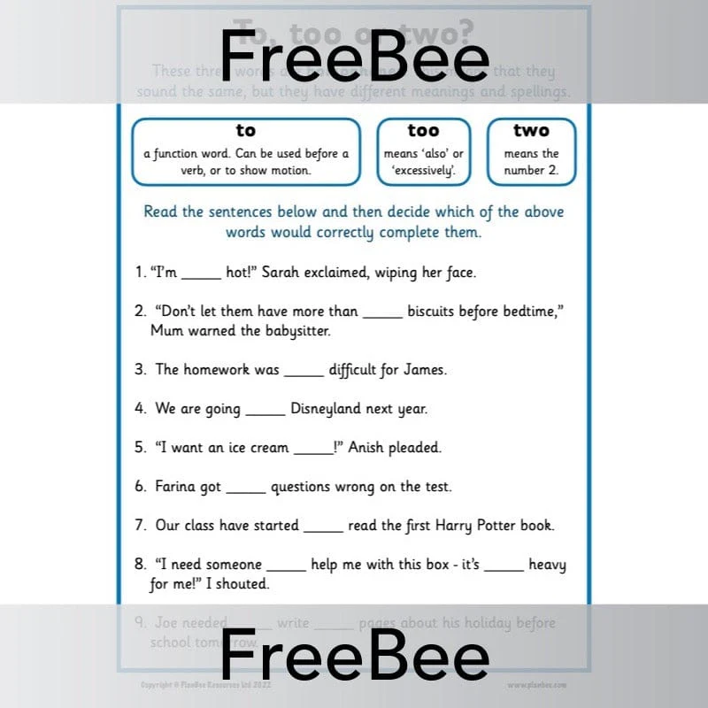 To, Too, Two Worksheet