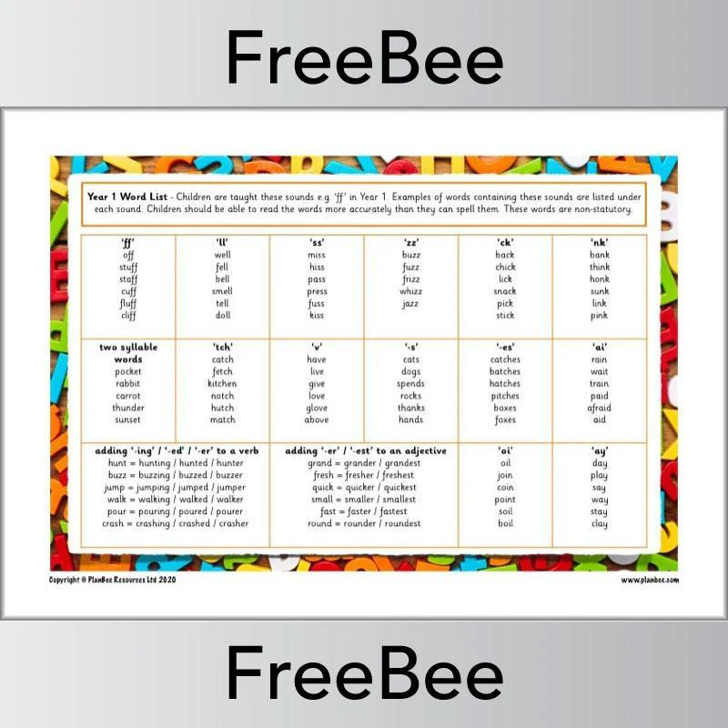 Year 1 Spelling Words List